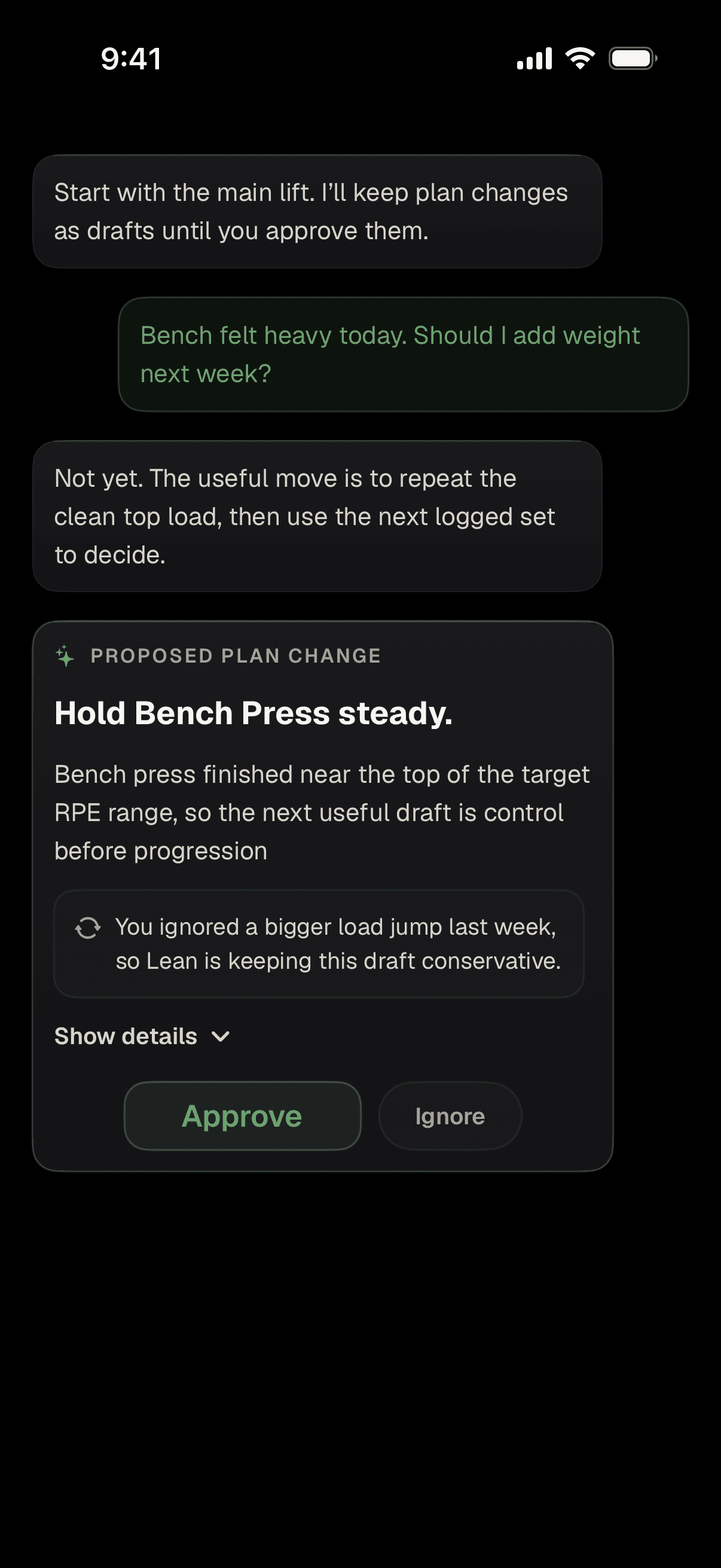 Lean coach screen with an approval-first proposed plan change.