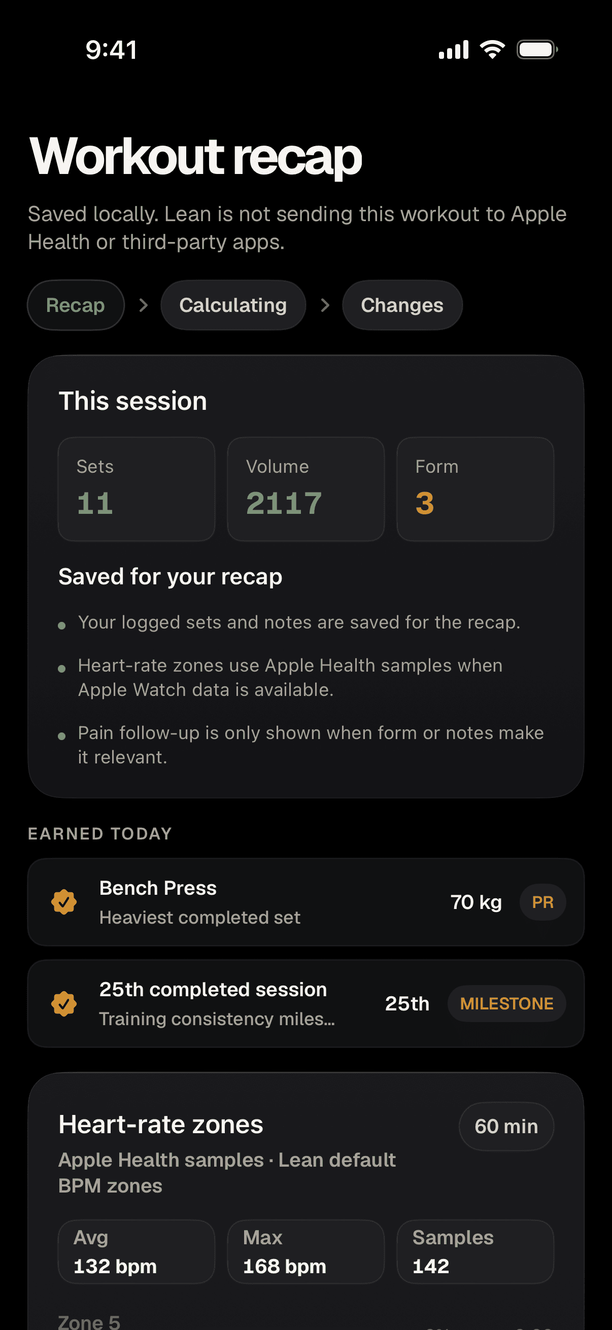 Lean workout recap screen with sets, volume, form, and earned milestones.