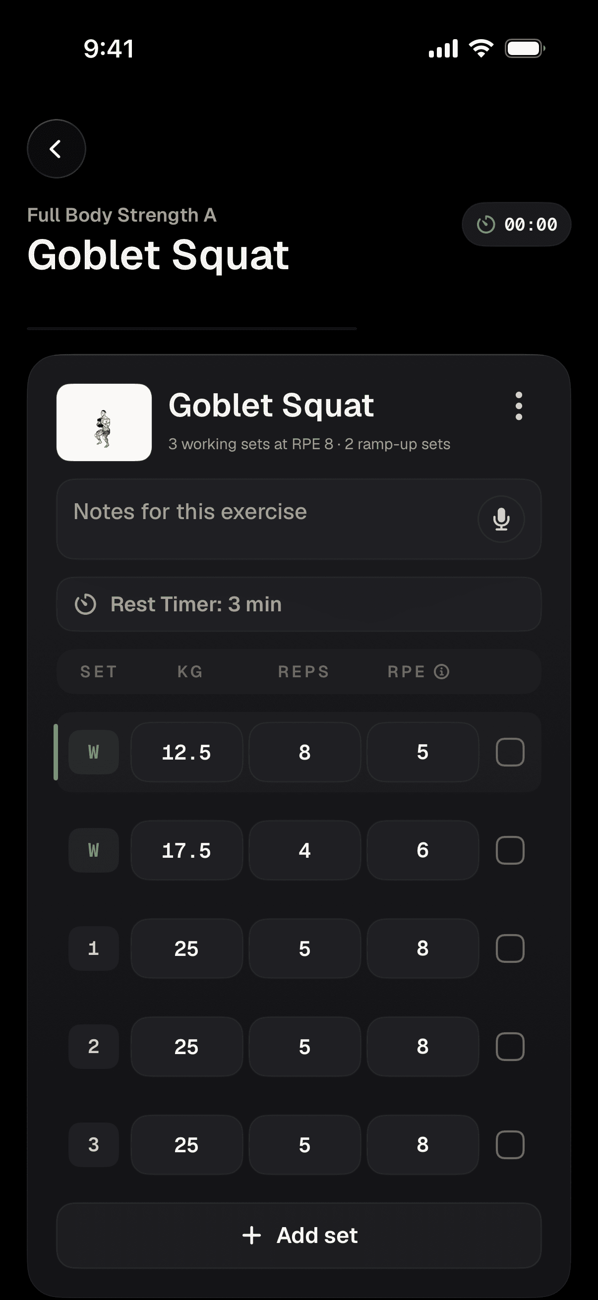 Lean workout logging screen with warm-up sets, working sets, load, reps, and RPE.