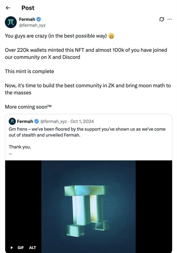 Fermah public X post reporting almost 100,000 community members and more than 220,000 wallets