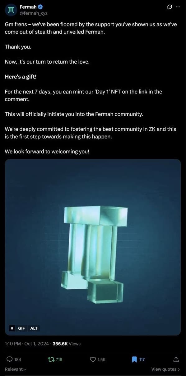 Fermah Day 1 activation post inviting people to mint an NFT and join the community