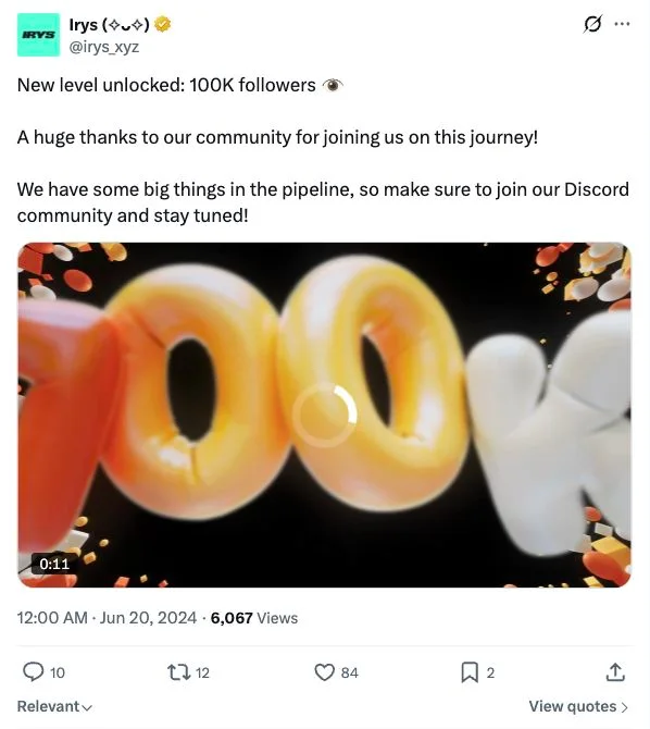 Irys public X post celebrating 100,000 followers